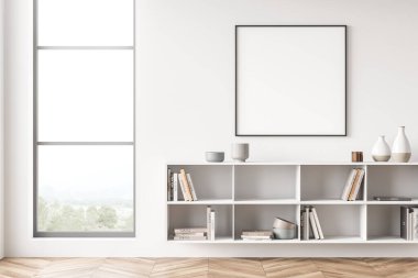 Beyaz oturma odası, kitaplık, boş kare çerçeve ve dar pencere. Modern iç tasarım kavramı. Model yap. 3d oluşturma