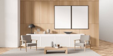 Modern bej oturma odasının içini kaplayan ahşap duvarda iki tane tuval, koltuklar, beyaz büfe, kahve masası ve parke zemin. Model yap. Moda tasarımı kavramı. 3d oluşturma