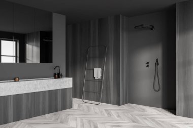 Gri banyo ahşap duş ve aynalı beton lavabo, parke zeminde havlu merdiveni. Modern tarz banyo iç mimarisi, 3 boyutlu.