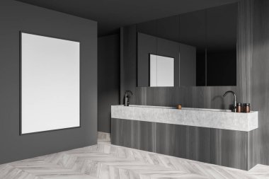 Banyo iç tarafı kırık beton ve ahşap lavabo, ahşap zemin, yan görüş. Boşluk bez çerçevesini gri duvara kopyala, 3B görüntüleme