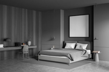 Koyu gri yatak odasının iç tarafında iki kolye lambası, sehpa, yatak, masa ve beton zemin olan kare çerçeve modeli. Modern tasarım kavramı. Köşe manzarası. 3d oluşturma