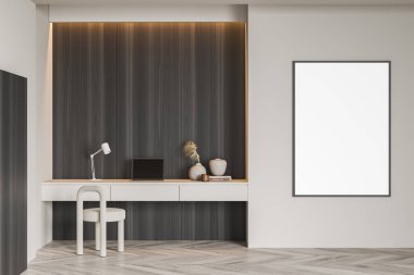 Masası ve bilgisayarı olan hafif bir iş yeri, lambalı bir koltuk, dekorasyonlu kitaplar, parke zemin. Uzay çerçevesini duvara kopyala. 3B görüntüleme