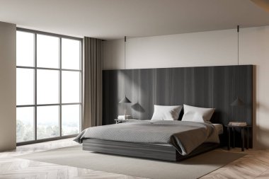 Ahşap yatak odasının içinde parke zeminde yatak örtüleri ve yastıklar, kitaplı ahşap komodinleri, kırsal manzaralı panoramik pencereler, 3 boyutlu görüntüleme.