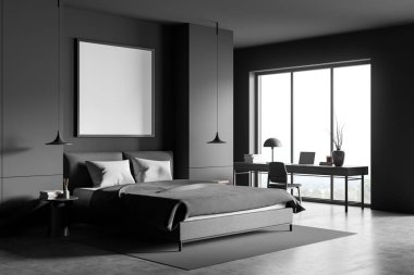 Koyu gri yatak odasının iç manzarası, yatağın üzerinde kare tuval ve panoramik pencerenin yanındaki ofis masası. Beton zemin. Model yap. Modern tasarım kavramı. 3d oluşturma