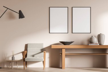 Üst üste iki boş beyaz poster sergi, çanak çömlek, kitaplar, masa, şeftali rengi duvar. Sanat yeri için minimalist tasarım kavramı. Model yap. 3d oluşturma