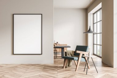 Koltuklu hafif yemek odası, kahve masası ve parke koltuklu masa, kırsal panoramik pencere. Yapılandırma pankartı çerçeve kopyalama alanı, 3B görüntüleme