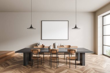 Yemek odasının iç tarafındaki bej duvarda yatay tuval. Koyu ahşap masa, altı sandalye, iki kolye lambası, büfe ve parke zemin. Modern ev tasarımı kavramı. Model yap. 3d oluşturma