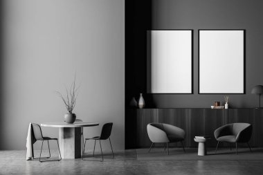 Koyu gri oturma odası tasarımı, yuvarlak masa ve koltukların iç dekorasyonu, iki çerçeve, büfe ve beton zemin. Minimalist bir kavram. 3d oluşturma