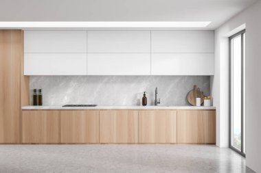 Dolabın üst kısmının beyaz olduğu şık ahşap mutfak, açık gri mermer kaplama ve beton zemin. Modern iç tasarım kavramı. 3d oluşturma