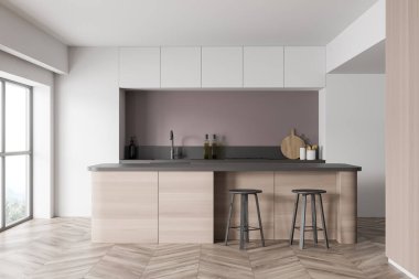 İki bar taburesi, bar tezgahı, meşe ağacından parke döşemesi ve kırsal manzaralı panoramik penceresi olan parlak mutfak odası. Çağdaş minimalist tasarım. 3d oluşturma