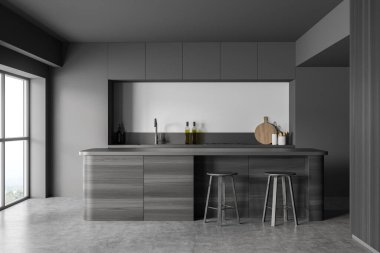 İki bar taburesi, beton zemin ve kırsal manzaralı panoramik pencereli karanlık mutfak odası. Çağdaş minimalist tasarım. 3d oluşturma