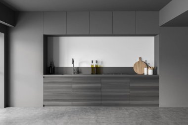 Koyu renk mutfak odasının içini gri duvar, dolap, lavabo, elektrikli fırın, sıvı sabun, masa ve beton zemin ile yakından görebiliriz. Çağdaş minimalist tasarım. 3d oluşturma