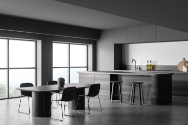 Dört sandalye, yemek masası, bar taburesi, beton zemin ve kırsal manzaralı panoramik pencere ile karanlık mutfak odasının iç manzarası. Çağdaş minimalist tasarım. 3d oluşturma