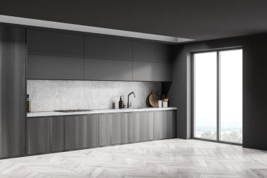 Modern ahşap malzemelerle kaplı koyu gri mutfak dolabı, minimalist tasarım, parke döşeme ve atölyeli mermer kaplama. Modern mutfak odası kavramı. Köşe manzarası. 3d oluşturma