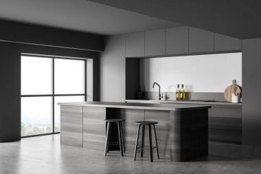 Karanlık mutfak odasının iç tarafında iki bar taburesi, bar tezgahı, beton zemin ve kırsal manzaralı panoramik pencere var. Çağdaş minimalist tasarım. 3d oluşturma