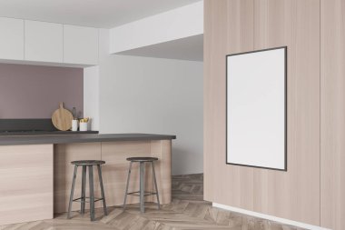 Parlak mutfak odası içi boş beyaz poster, iki bar taburesi, bar tezgahı ve meşe ağacından parke zemin. Çağdaş minimalist tasarım. 3d oluşturma