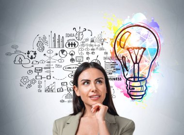 Çekici iş kadını, duvarında ampul, beyin, yaratıcılık, çark, plan, takım çalışması, dolar, pasta ve bar diyagramı olan renkli bir çizimin yanında duruyor. Yaratıcı fikir için ilham kavramı