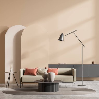 İçi boş duvar, kanepe, sehpa, sehpa, yastık, büfe, halı, lamba, kemer ve beton zemin. Soğukluk için minimalist tasarım kavramı. Model yap. 3d oluşturma