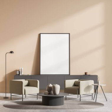 Parlak oturma odası içi boş beyaz poster, büfe, iki koltuk, sehpa, halı ve beton zemin. Soğukluk için minimalist tasarım kavramı. Model yap. 3d oluşturma