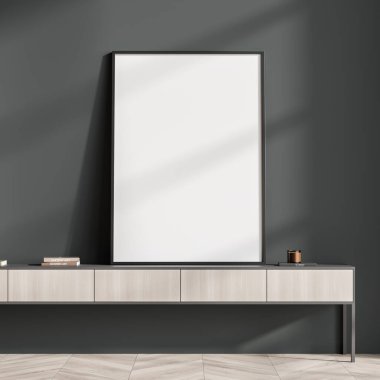 Oturma odasının içi boş beyaz poster, büfe, kitap ve meşe ağacından parke zemin. Soğukluk için minimalist tasarım kavramı. Model yap. 3d oluşturma