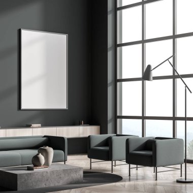 İçi boş beyaz poster, kanepe, iki koltuk, panoramik pencere, sehpa, kemer ve ahşap parke zemin. Soğukluk için minimalist tasarım kavramı. Model yap. 3d oluşturma