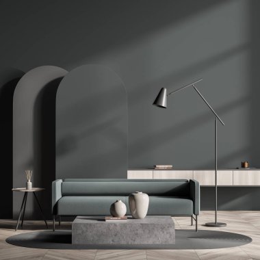 İçi boş duvar, kanepe, sehpa, sehpa, büfe, halı, lamba, kemer ve meşe parke zemin. Soğukluk için minimalist tasarım kavramı. Model yap. 3d oluşturma