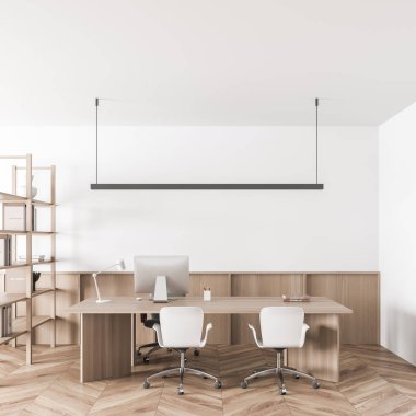 Masaüstü, rahat koltuk, masa, kitap, kitaplık, lamba ve meşe ağacından parke zeminli parlak ofis odası. Çalışma süreci için mükemmel bir yer. Minimalist tasarım. 3d oluşturma