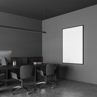 Karanlık ofis odasının iç tarafında boş beyaz poster, masaüstü, rahat koltuk, masa, kitaplar ve beton zemin. Çalışma süreci için mükemmel bir yer. Minimalist tasarım. 3d oluşturma