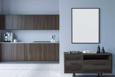 Minimalist yemek odasının içinde ahşap raflar mutfak gereçleri, kitaplar ve dekorasyonla klozet, beton zemin. Boşluk çerçevesini beyaz duvara kopyala, 3B oluşturma