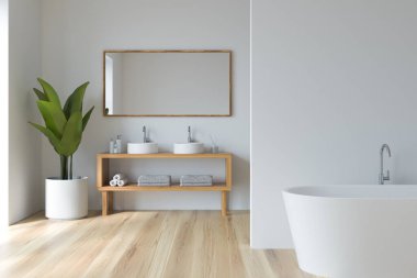 Banyo içinde küvet ve iki lavabo, güvertede jel ve sabun, havlularla dolu raflar, parke zeminde saksıda büyük bir bitki. Boş duvar kopyalama alanı, 3B oluşturma