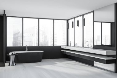 İki lavabo, küvet, beton zemin, Singapur gökdeleni manzaralı panoramik pencere. Sağlık için hijyenik ve spa prosedürleri kavramı. 3d oluşturma