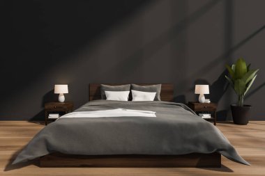 Şık gri yatak odası iç dekorasyonu, komodinli koyu ahşap yatak, boş duvar, beyaz detaylar, kapalı bitki örtüsü ve daha açık parke döşemesi. Modern ev ve otel tasarımı kavramı. 3d oluşturma