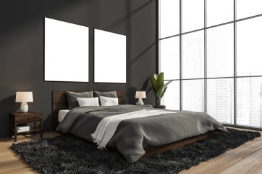 Panoramik gri yatak odasının içinde iki boş tuval, koyu ahşap yatak odası, beyaz yastıklar, parke zeminde iki komodin ve halı. Modern tasarım kavramı. Model yap. Köşe manzarası. 3d oluşturma