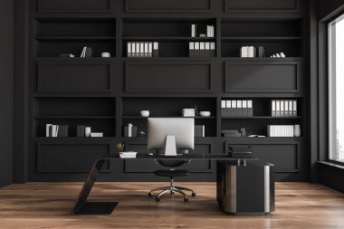 Orijinal ofis masası, şık siyah rafları ve ahşap zemini olan lüks bir üst düzey yönetici ofisi. Modern tasarım kavramı. 3d oluşturma