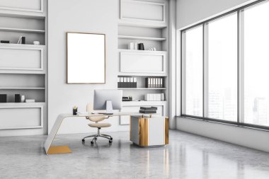 Beyaz ofis patronu odası, masa ve bilgisayar, klasörleri ve dekorasyonu olan beyaz raf, beton zeminde koltuk. Şehir görünümlü pencereler, boşluk çerçevesini kopyala, 3B görüntüleme