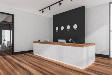 Ahşap resepsiyon odası içinde iki bilgisayar, siyah duvarda saatler, yan görüş. Ofis salonu, parke zemininde masa ve arka planda yönetici odası, 3D görüntüleme
