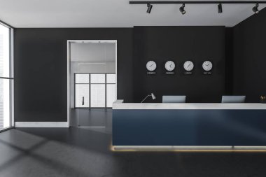 Saatli çifte resepsiyon masası, dünya saatini gösteriyor, koyu gri ve mavi tasarım ve beton zemin. Modern şirket ofisi kavramı. Model yap. 3d oluşturma