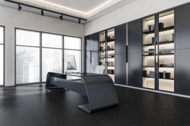 CEO ofis içi klas kişisel masa tasarımı, siyah renk, şık dolaplar, tavandan tavana pencere ve koyu beton zemin. Modern iş yeri kavramı. Köşe manzarası. 3d oluşturma