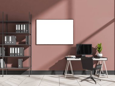 Boş yatay çerçeve pembe bej yönetici ofis içi modern kişisel masa, raf ünitesi, ofis sandalyesi ve parke döşemesi. Çalışma alanı tasarımı kavramı. Model yap. 3d oluşturma