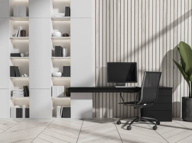 Minimalist mobilyalarla dolu beyaz ve siyah ofis odası masası ve raflarda kitaplar, parke zemin. Modern dairede çalışma alanı. Boş duvar, 3B görüntüleme