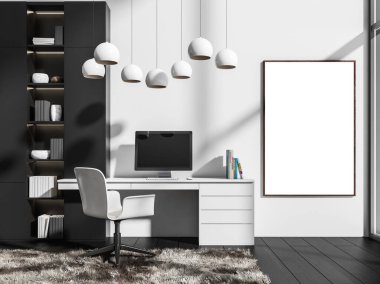 Ofis odasının içi beyaz ve siyah mobilyalarla dolu, masa başında bilgisayar ve raflarda kitaplar, halı ve parke zemin. Boşluk çerçevesini kopyala, 3B oluşturma