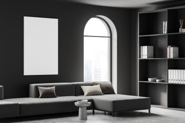 Oturma odasının içinde kanepe ve beton zeminde kahve masası, dekorasyon ve raflarda kitaplar var. Şehir manzaralı minimalist okuma odası. Boşluk boş tuvalini kopyala, 3B görüntüleme