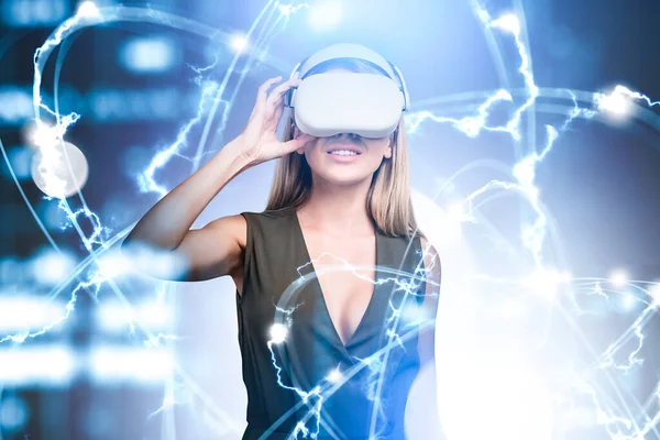 Kantoorvrouw Headset Data Informatie Snelle Verbinding Cyberspace Augmented Reality Game — Stockfoto