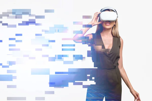 Kantoorvrouw Headset Data Informatie Cyberspace Bedrijf Augmented Reality Game Toekomstige — Stockfoto