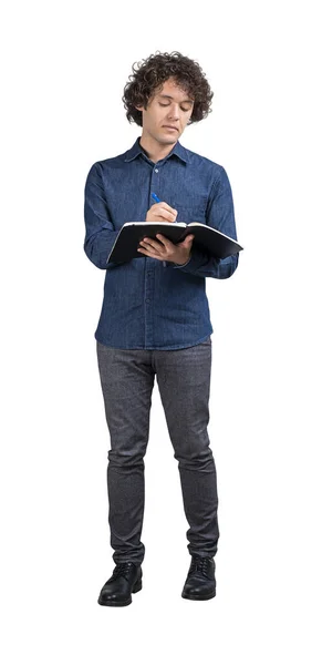 Office Man Full Längd Jeans Kläder Skriva Affärstidning Med Penna — Stockfoto