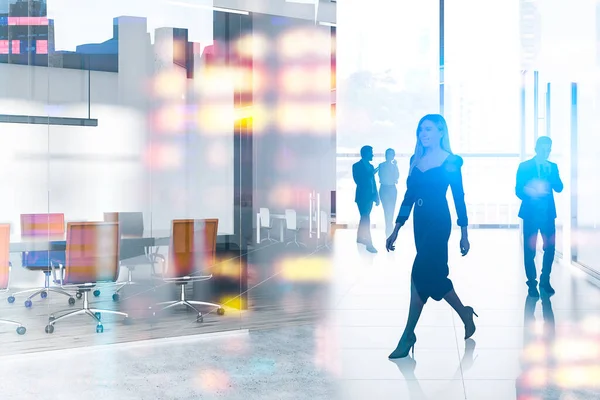 Kantoorvrouw Silhouetten Van Diverse Zakenmensen Die Samenwerken Conferentieruimte Wolkenkrabbers Getint — Stockfoto