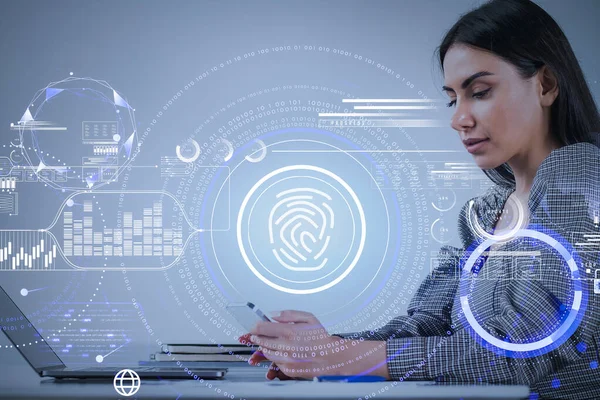 Businesswoman working with laptop, browse internet in smartphone, blue glowing information protection icons. Fingerprint, HUDs and digital charts with interface. Concept of global cyber security.
