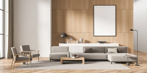 Empty canvas on wood wall in modern living room interior with beige furniture, minimalist details and parquet floor. Concept of on trend design. Mock up. 3d rendering