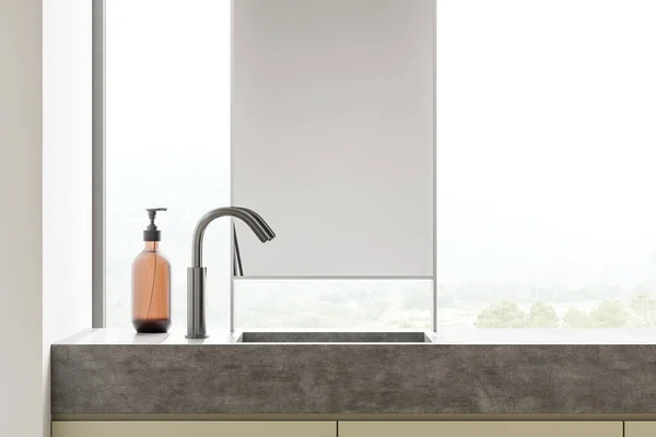 Bathroom Vanity Grey Shelf Trend Faucet Sink Vertical Mirror Window — Stock Photo, Image