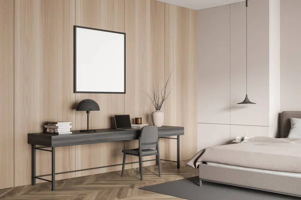Bedroom interior with square canvas on light wood wall over dark workspace and beige bed with stylish pendant lamp near. Parquet floor. Mock up. Corner view. Concept of modern design. 3d rendering